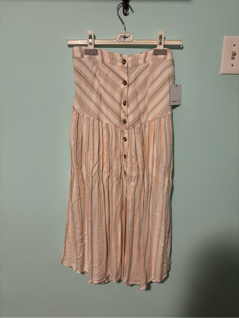 O'Neill Striped Button-Front Maxi Skirt in Cream, Peach, and Light Blue